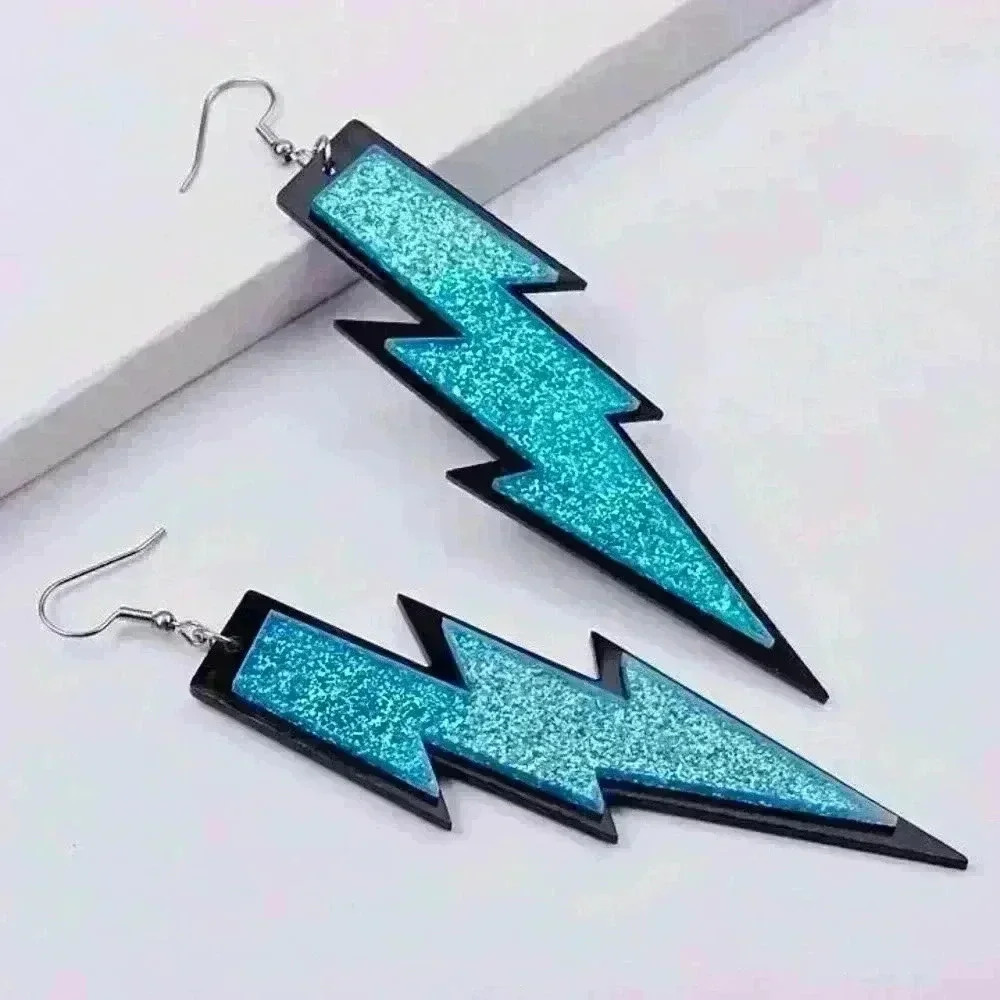 80s Retro Neon Blue Glittery Lightning Earrings, Party  Cosplay Festival Jewelry - Picture 6 of 9